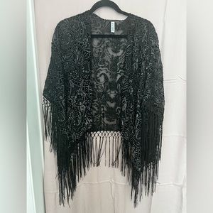BCBG black fringe shawl